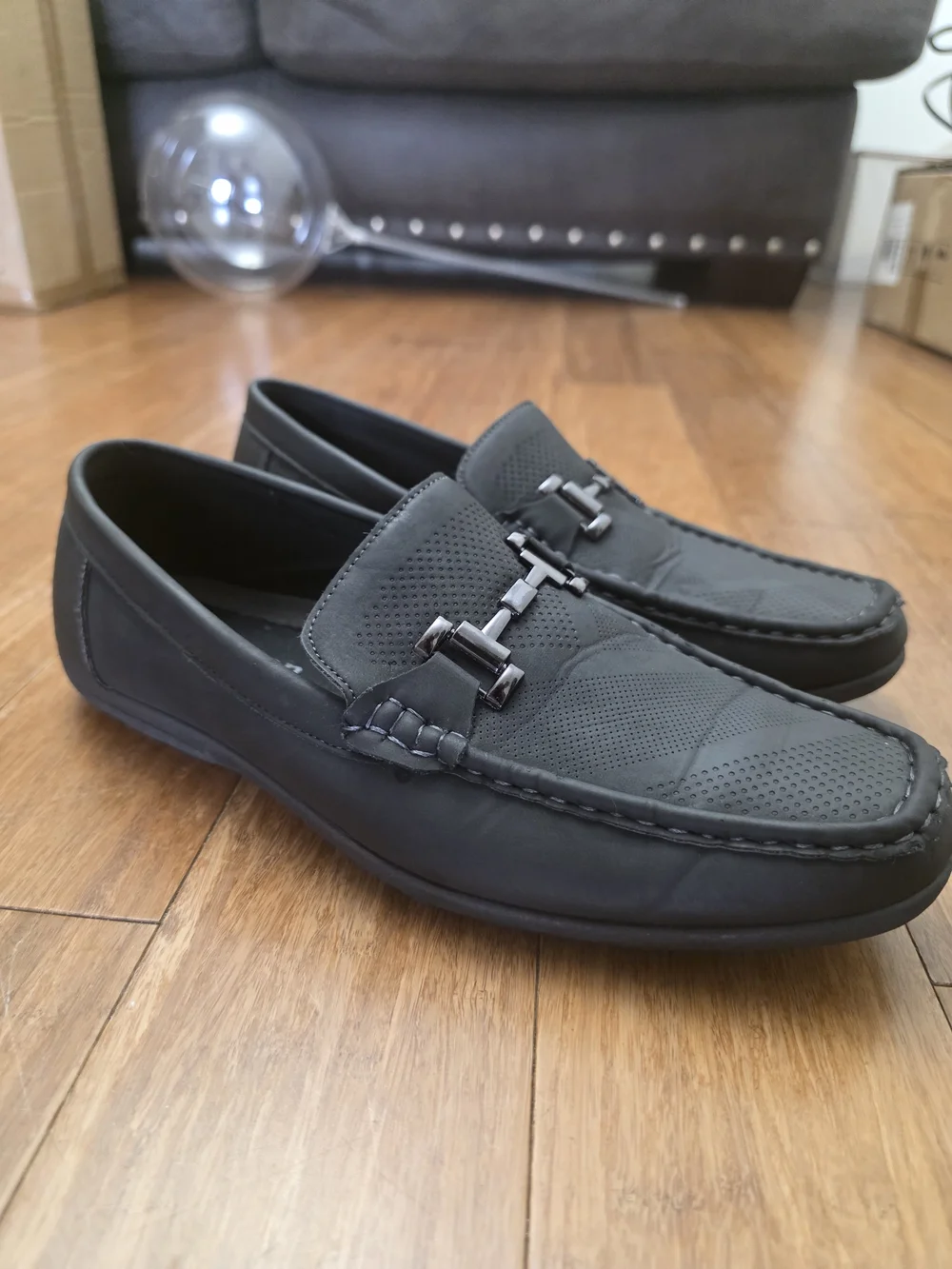 Men's Black Slip-On Driving Loafers with Metal Bit